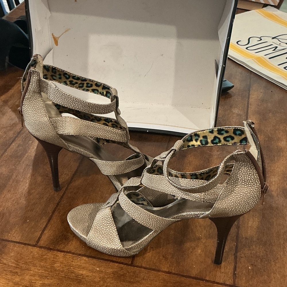 Bisou Bisou Textured Beige Strappy Heels